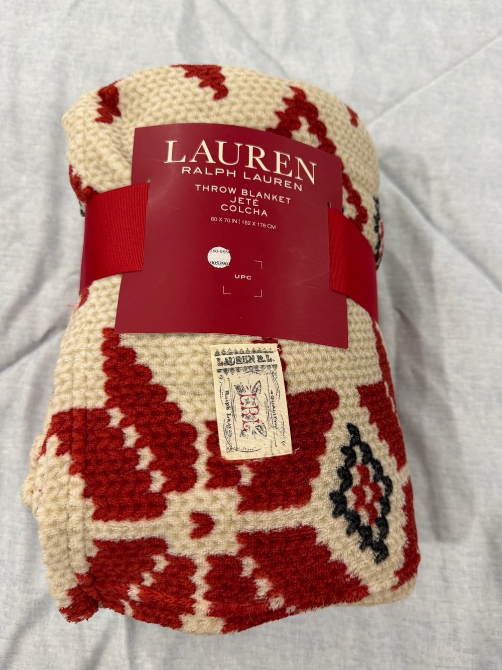 Lauren Ralph Lauren Red & Cream Patterned Knit Throw Blanket